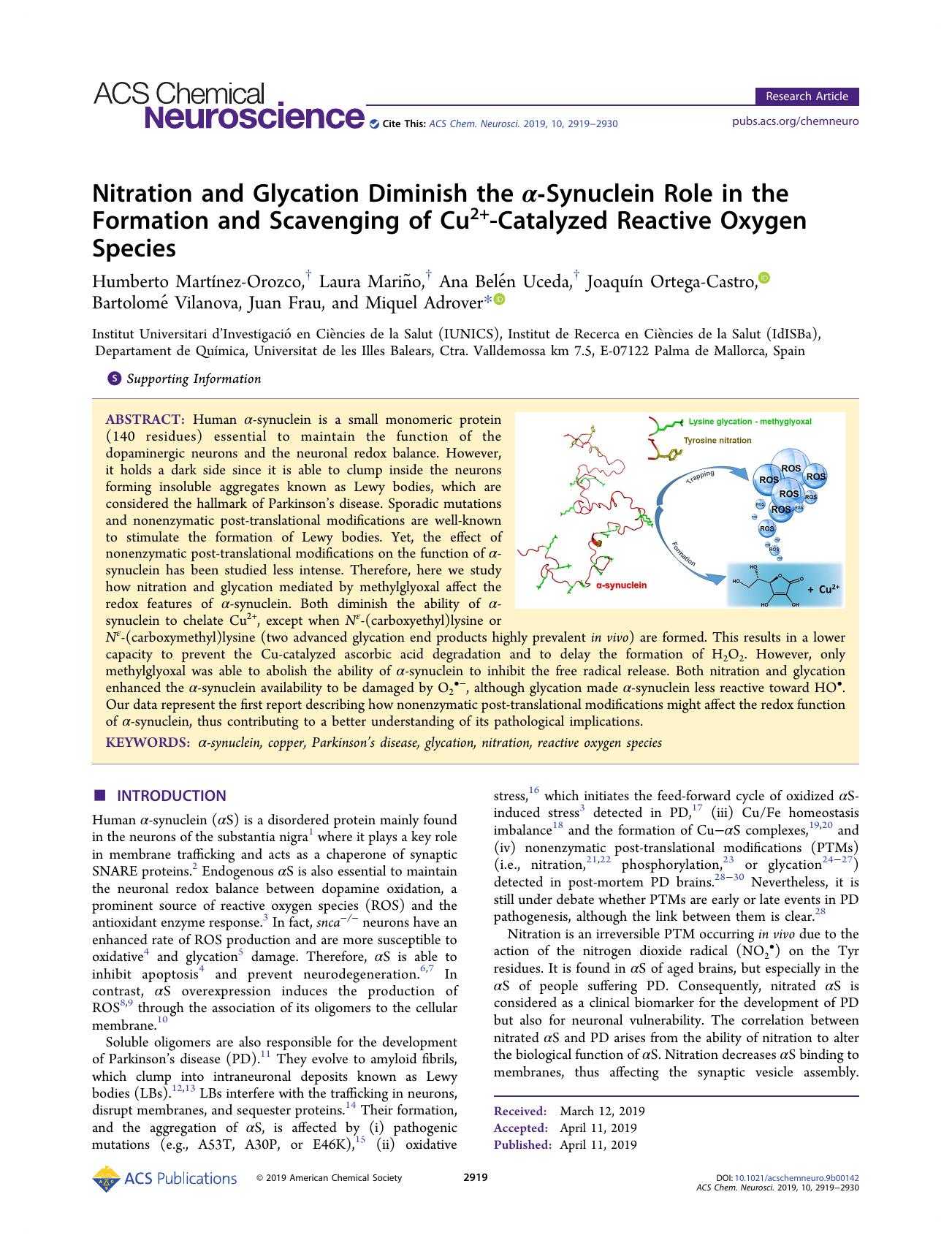 Nitration and Glycation Diminish the Î±-Synuclein Role in the Formation and Scavenging of Cu2+-Catalyzed Reactive Oxygen Species by unknow