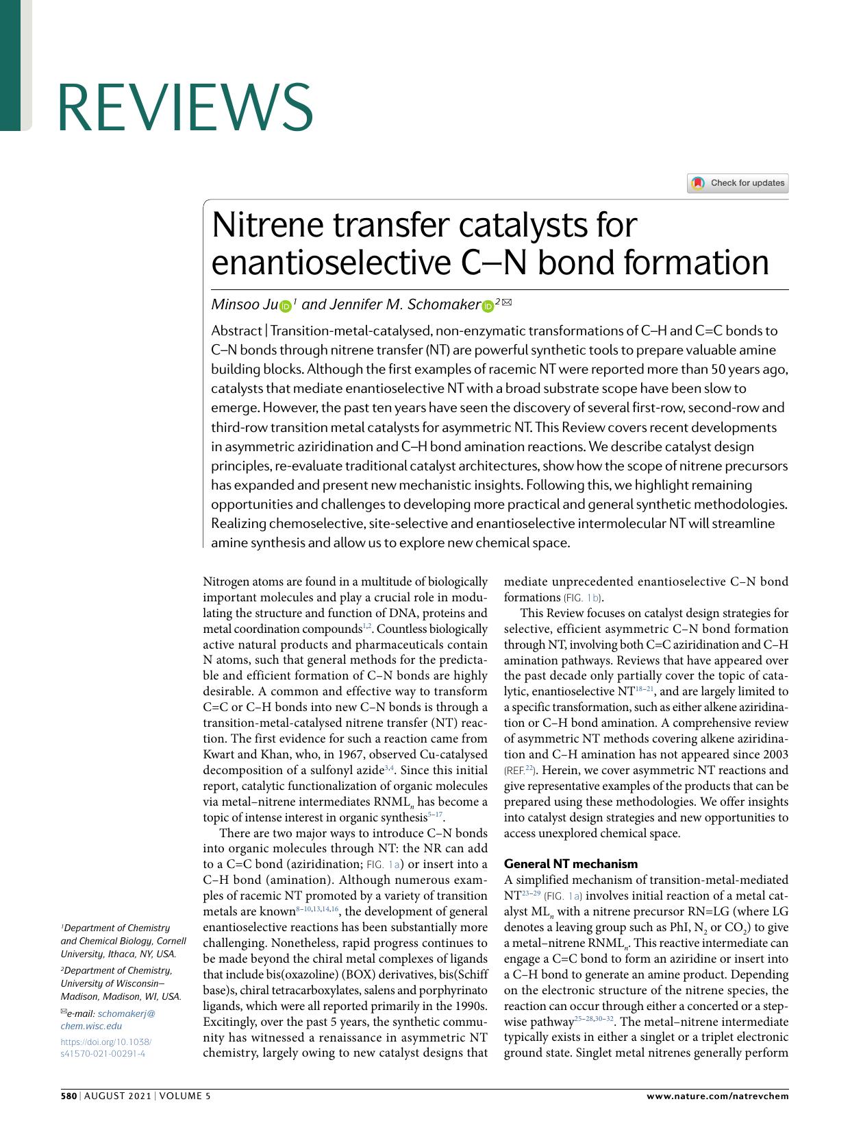 Nitrene transfer catalysts for enantioselective CâN bond formation by Minsoo Ju & Jennifer M. Schomaker