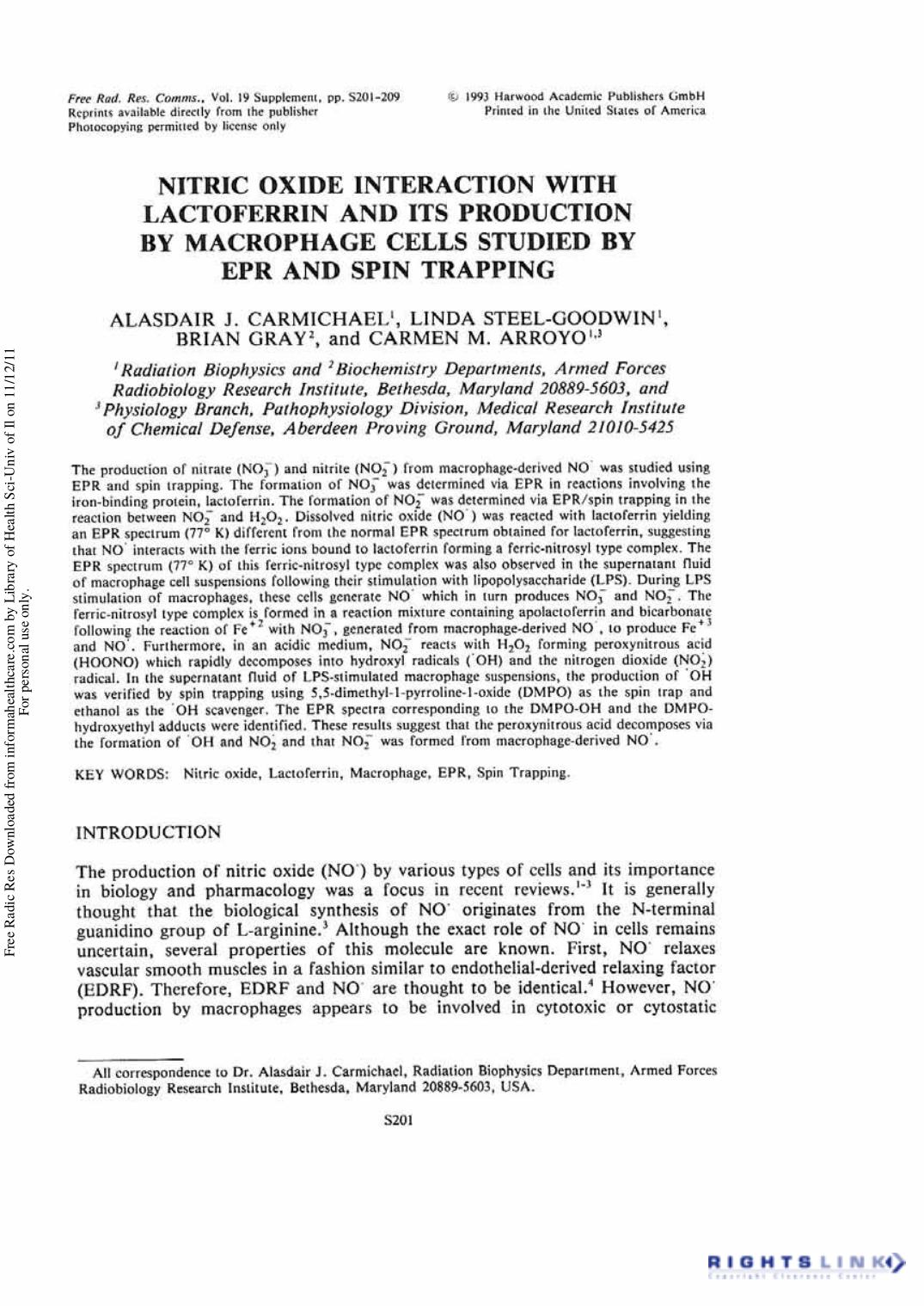 Nitric Oxide Interaction with Lactoferrin and its Production by Macrophage Cells Studied by EPR and Spin Trapping by Alasdair J. Carmichael1 Linda Steel-Goodwin1 Brian Gray2 & Carmen M. Arroyo1 3