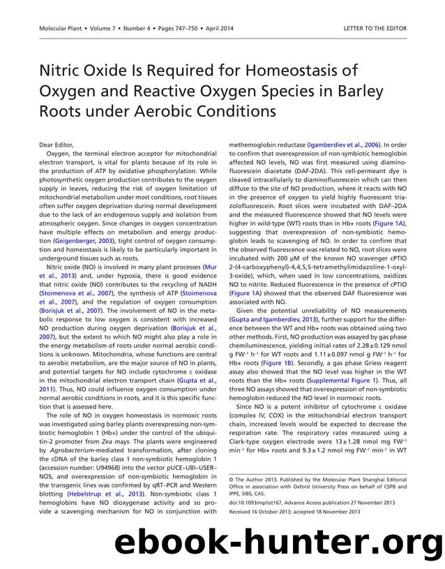 Nitric Oxide Is Required for Homeostasis of Oxygen and Reactive Oxygen Species in Barley Roots under Aerobic Conditions by Gupta Kapuganti J. & Hebelstrup Kim H. & Kruger Nicholas J. & George Ratcliffe R