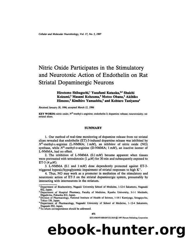 Nitric Oxide Participates in the Stimulatory and Neurotoxic Action of Endothelin on Rat Striatal Dopaminergic Neurons by Unknown