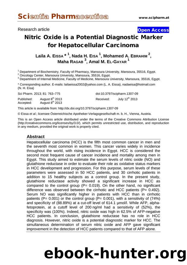 Nitric Oxide is a Potential Diagnostic Marker for Hepatocellular Carcinoma by Laila A. EISSA Nada H. EISA Mohamed A. EBRAHIM Maha RAGAB Amal M. EL-GAYAR