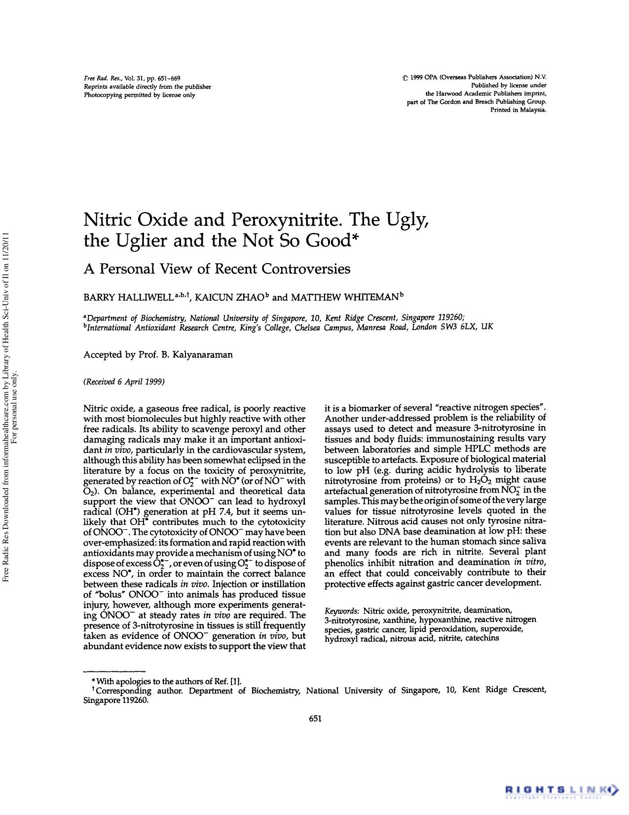Nitric oxide and peroxynitrite. The ugly, the uglier and the not so good by Barry Halliwell Kaicun Zhao & Matthew Whiteman