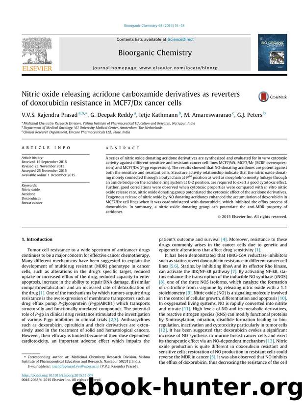Nitric oxide releasing acridone carboxamide derivatives as reverters of doxorubicin resistance in MCF7Dx cancer cells by V.V.S. Rajendra Prasad & G. Deepak Reddy & Ietje Kathmann & M. Amareswararao & G.J. Peters