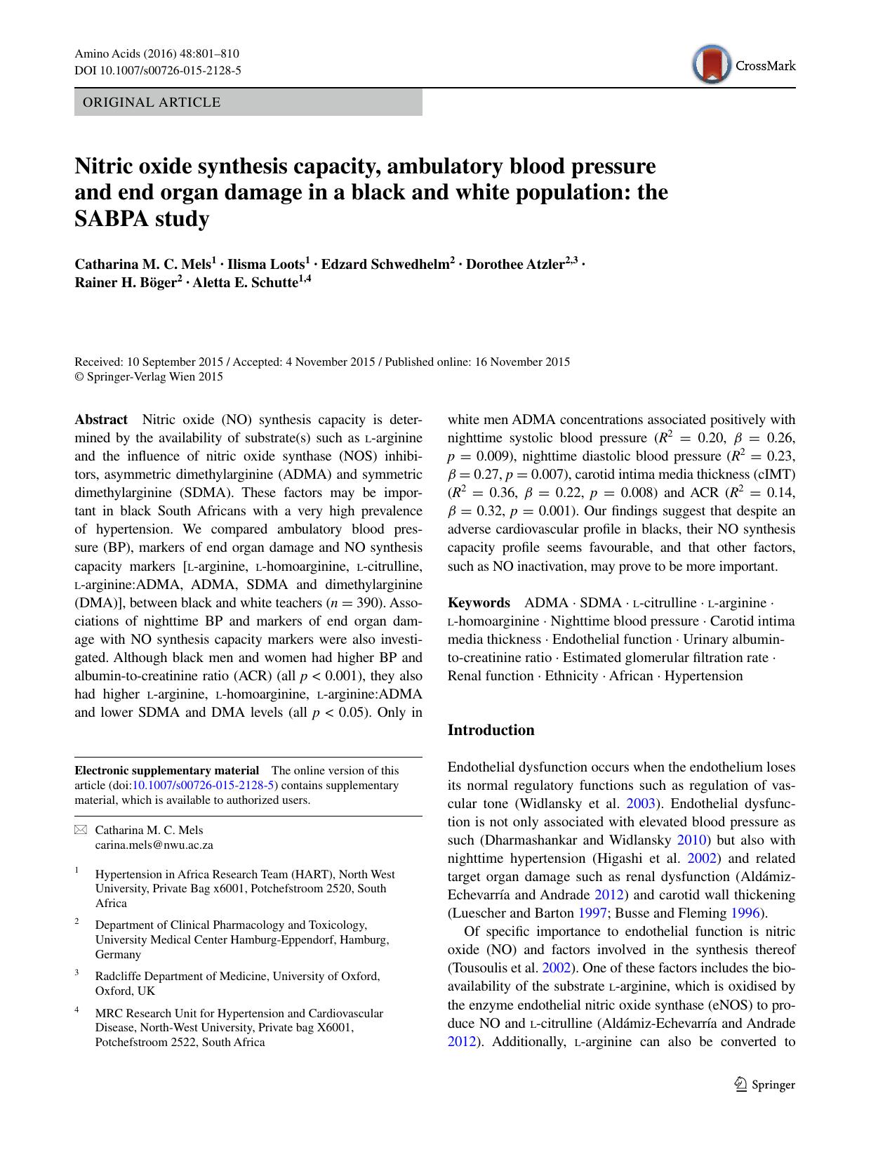 Nitric oxide synthesis capacity, ambulatory blood pressure and end organ damage in a black and white population: the SABPA study by unknow