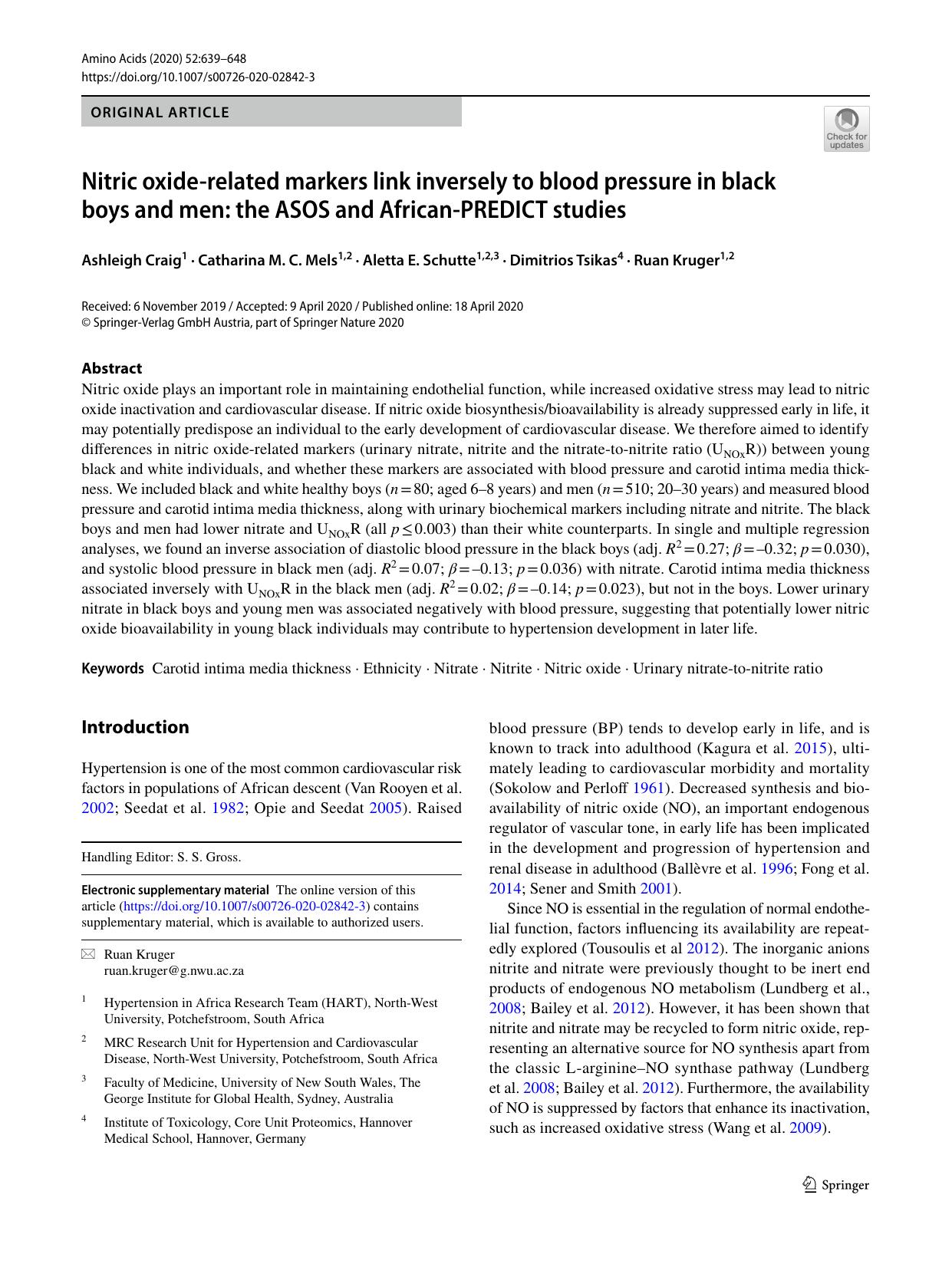 Nitric oxide-related markers link inversely to blood pressure in black boys and men: the ASOS and African-PREDICT studies by Ashleigh Craig & Catharina M. C. Mels & Aletta E. Schutte & Dimitrios Tsikas & Ruan Kruger
