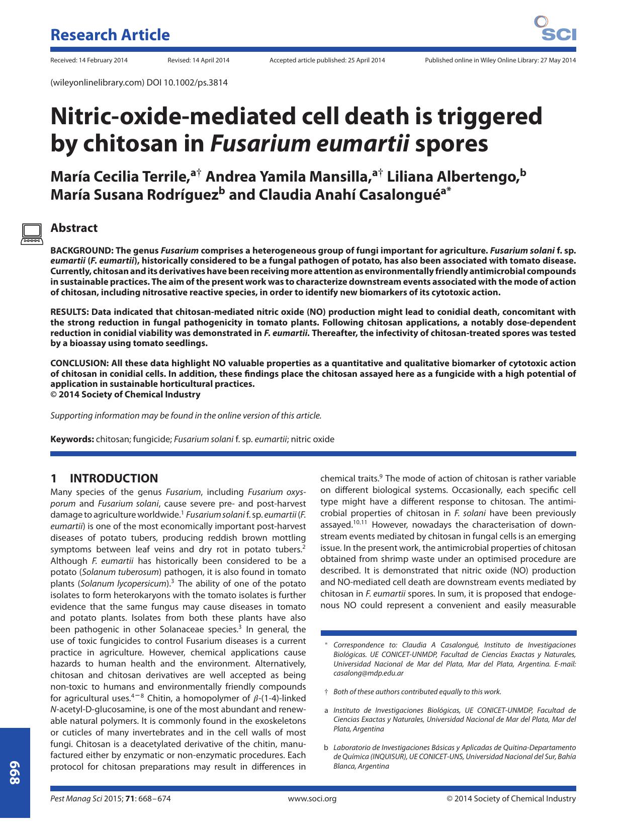 Nitric-oxide-mediated cell death is triggered by chitosan in Fusarium eumartii spores by Unknown