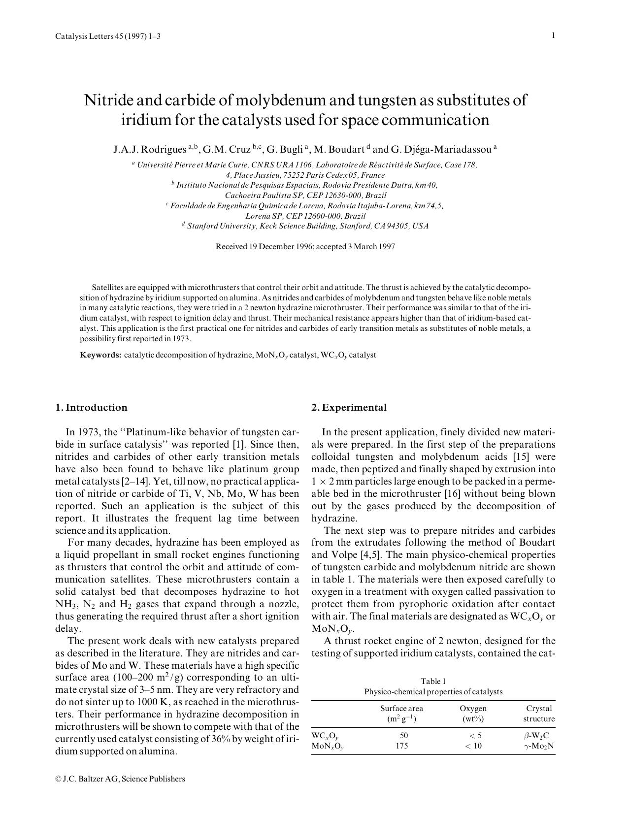 Nitride and carbide of molybdenum and tungsten as substitutes of iridium for the catalysts used for space communication by Unknown