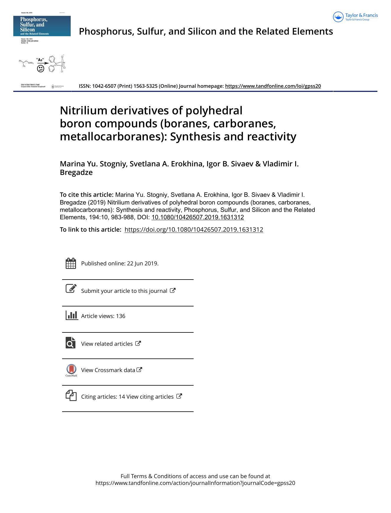 Nitrilium derivatives of polyhedral boron compounds (boranes, carboranes, metallocarboranes): Synthesis and reactivity by Stogniy Marina Yu. & Erokhina Svetlana A. & Sivaev Igor B. & Bregadze Vladimir I