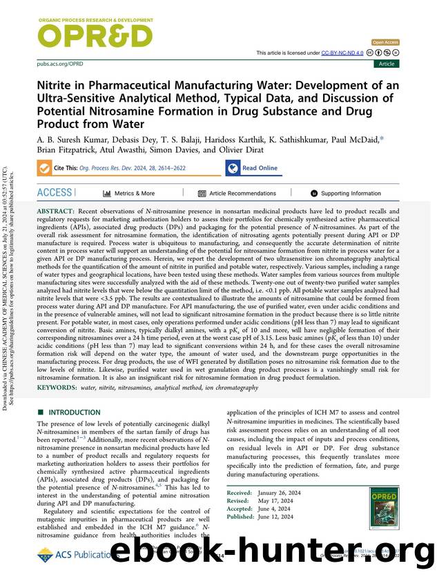 Nitrite in Pharmaceutical Manufacturing Water: Development of an Ultra-Sensitive Analytical Method, Typical Data, and Discussion of Potential Nitrosamine Formation in Drug Substanc by unknow