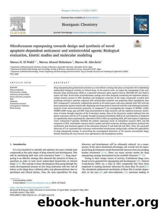 Nitrofurazone repurposing towards design and synthesis of novel apoptotic-dependent anticancer and antimicrobial agents: Biological evaluation, kinetic studies and molecular modeling by Marwa H. El-Wakil & Marwa Ahmed Meheissen & Marwa M. Abu-Serie