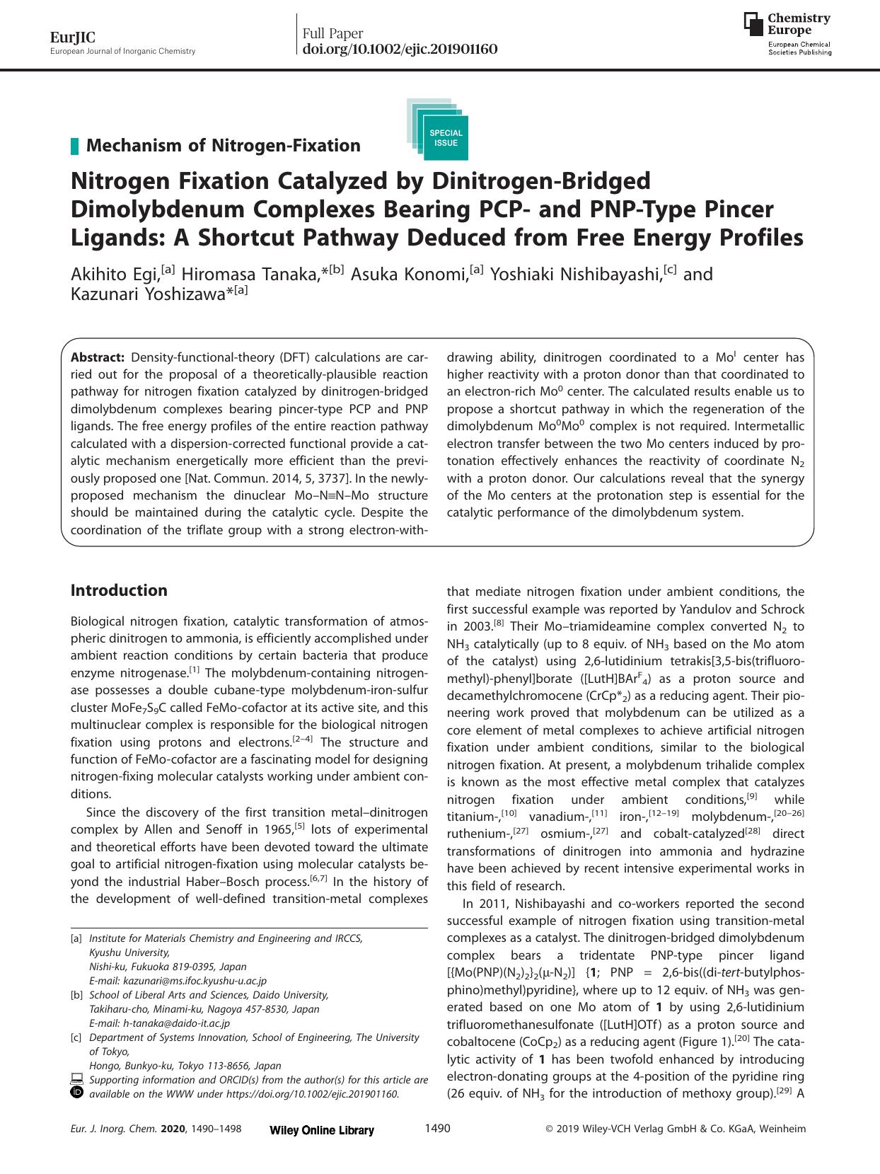 Nitrogen Fixation Catalyzed by Dinitrogen&#x02010;Bridged Dimolybdenum Complexes Bearing PCP&#x02010; and PNP&#x02010;Type Pincer Ligands: A Shortcut Pathway Deduced from Free Energy Profiles by Unknown