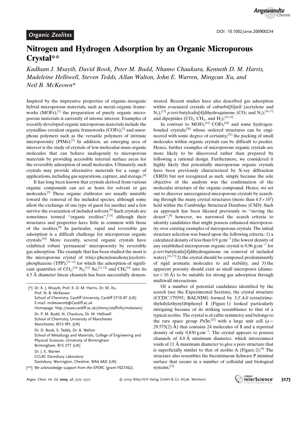 Nitrogen and Hydrogen Adsorption by an Organic Microporous Crystal by Unknown