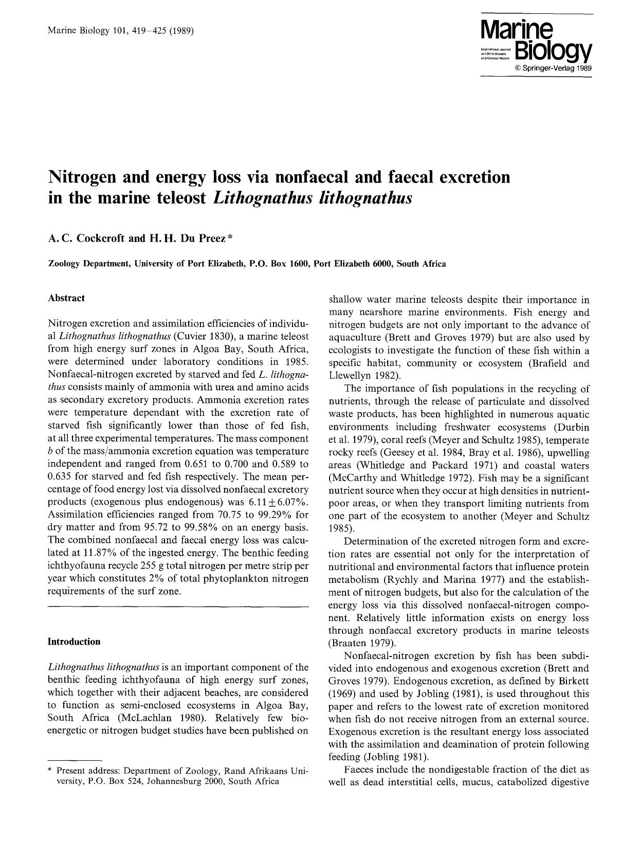 Nitrogen and energy loss via nonfaecal and faecal excretion in the marine teleost <Emphasis Type="Italic">Lithognathus lithognathus<Emphasis> by Unknown