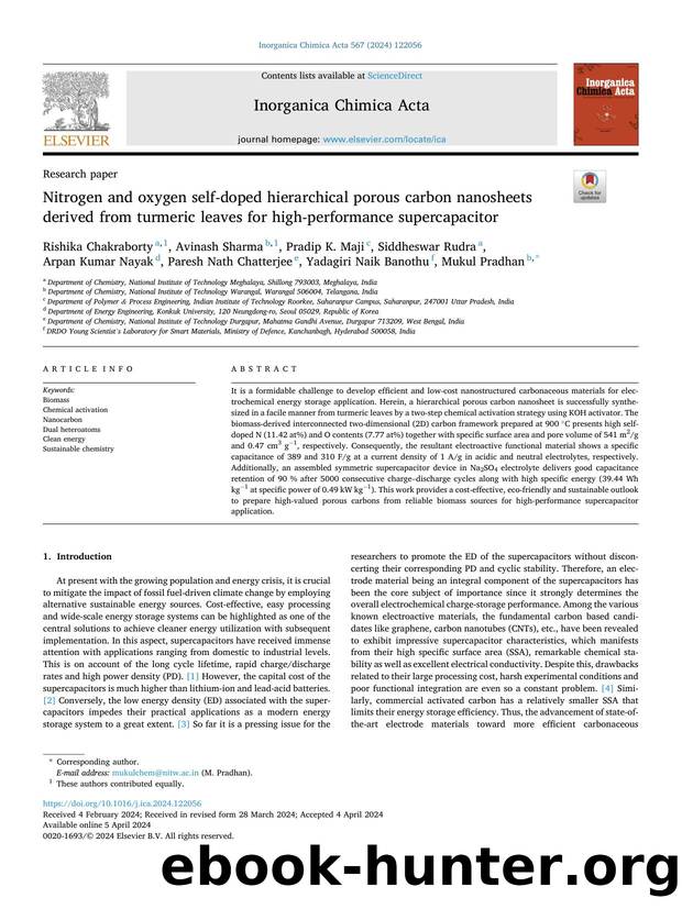 Nitrogen and oxygen self-doped hierarchical porous carbon nanosheets derived from turmeric leaves for high-performance supercapacitor by unknow