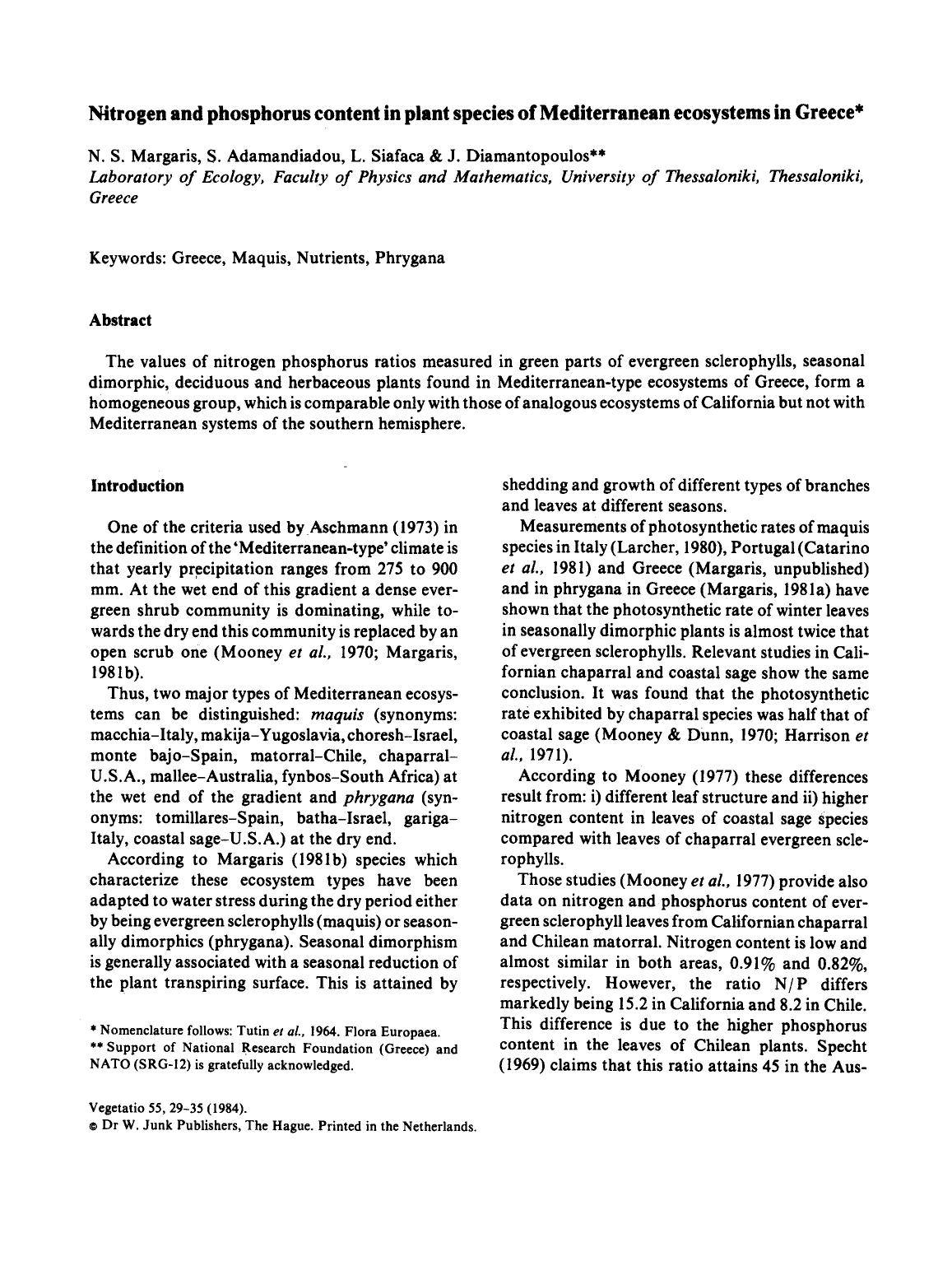 Nitrogen and phosphorus content in plant species of Mediterranean ecosystems in Greece by Unknown