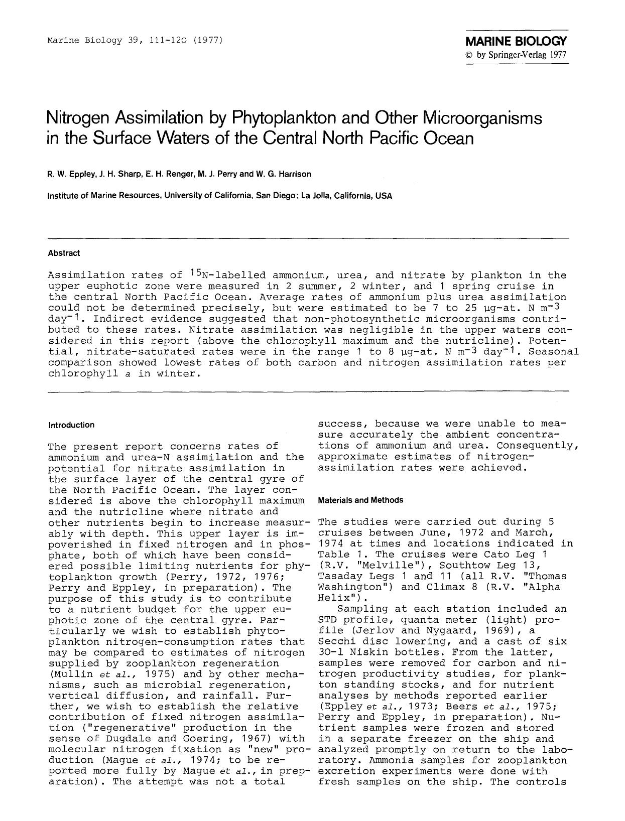 Nitrogen assimilation by phytoplankton and other microorganisms in the surface waters of the central North Pacific Ocean by Unknown