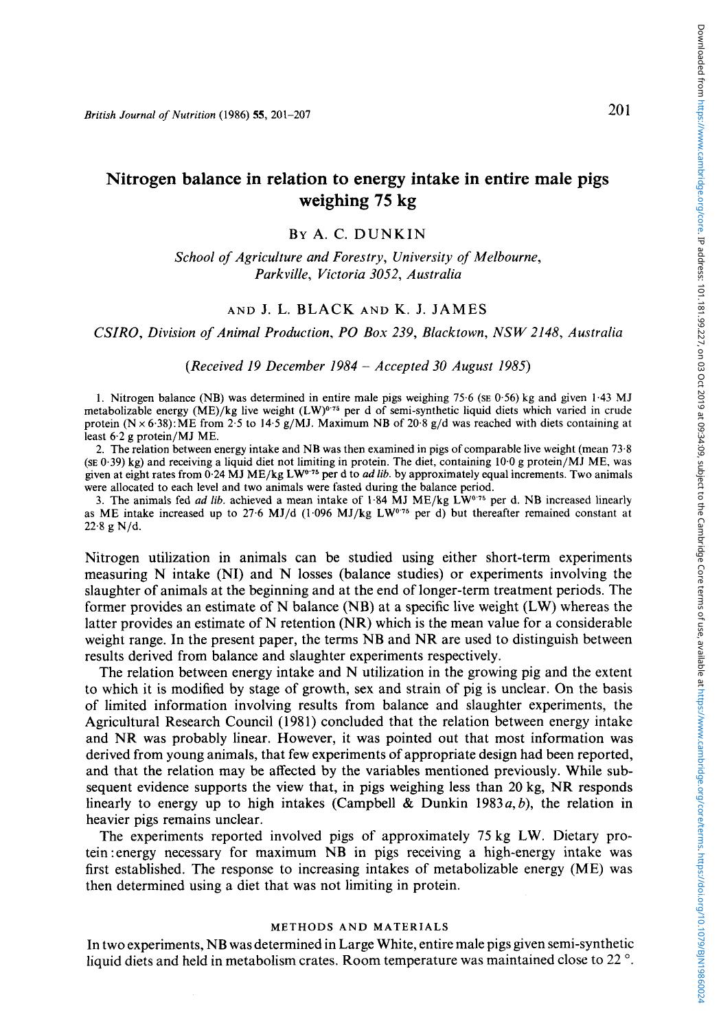 Nitrogen balance in relation to energy intake in entire male pigs weighing 75 kg by A. C. Dunkin J. L. Black & K. J. James
