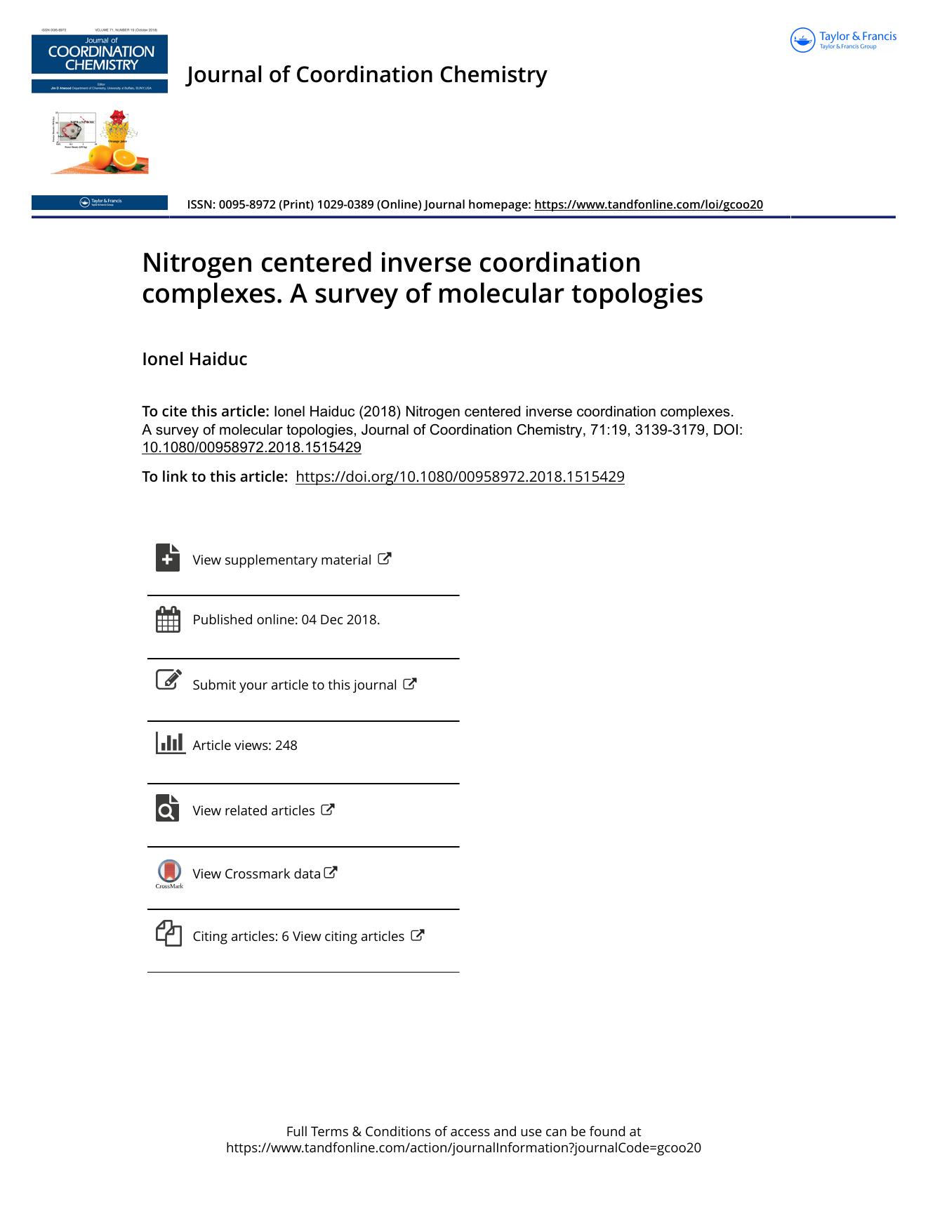 Nitrogen centered inverse coordination complexes. A survey of molecular topologies by Haiduc Ionel