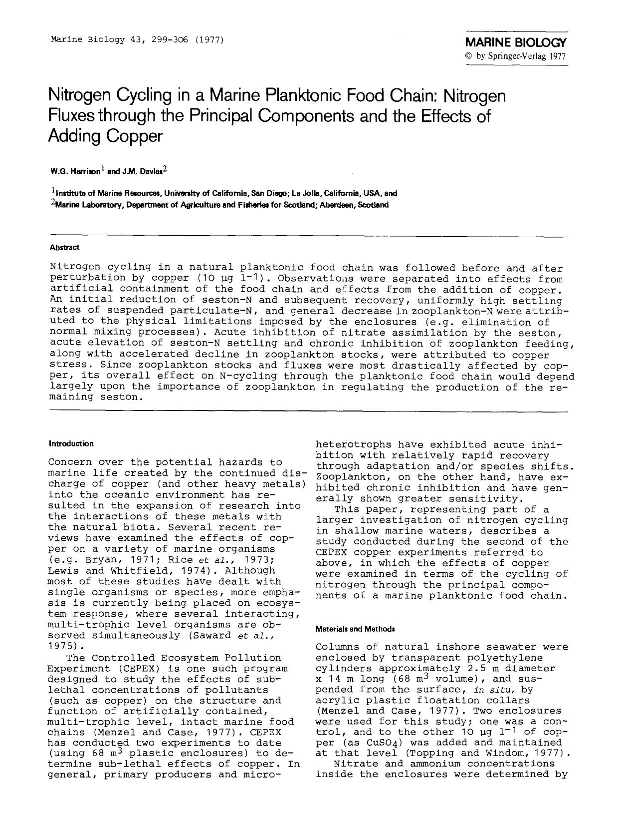 Nitrogen cycling in a marine planktonic food chain: Nitrogen fluxes through the principal components and the effects of adding copper by Unknown