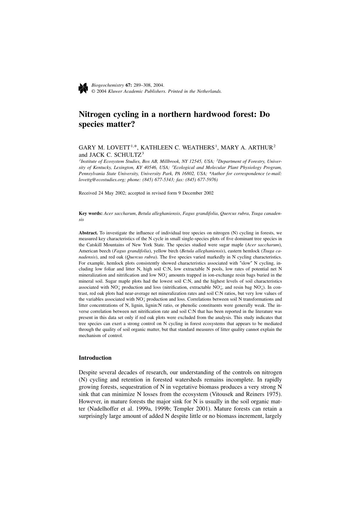 Nitrogen cycling in a northern hardwood forest: Do species matter? by Unknown