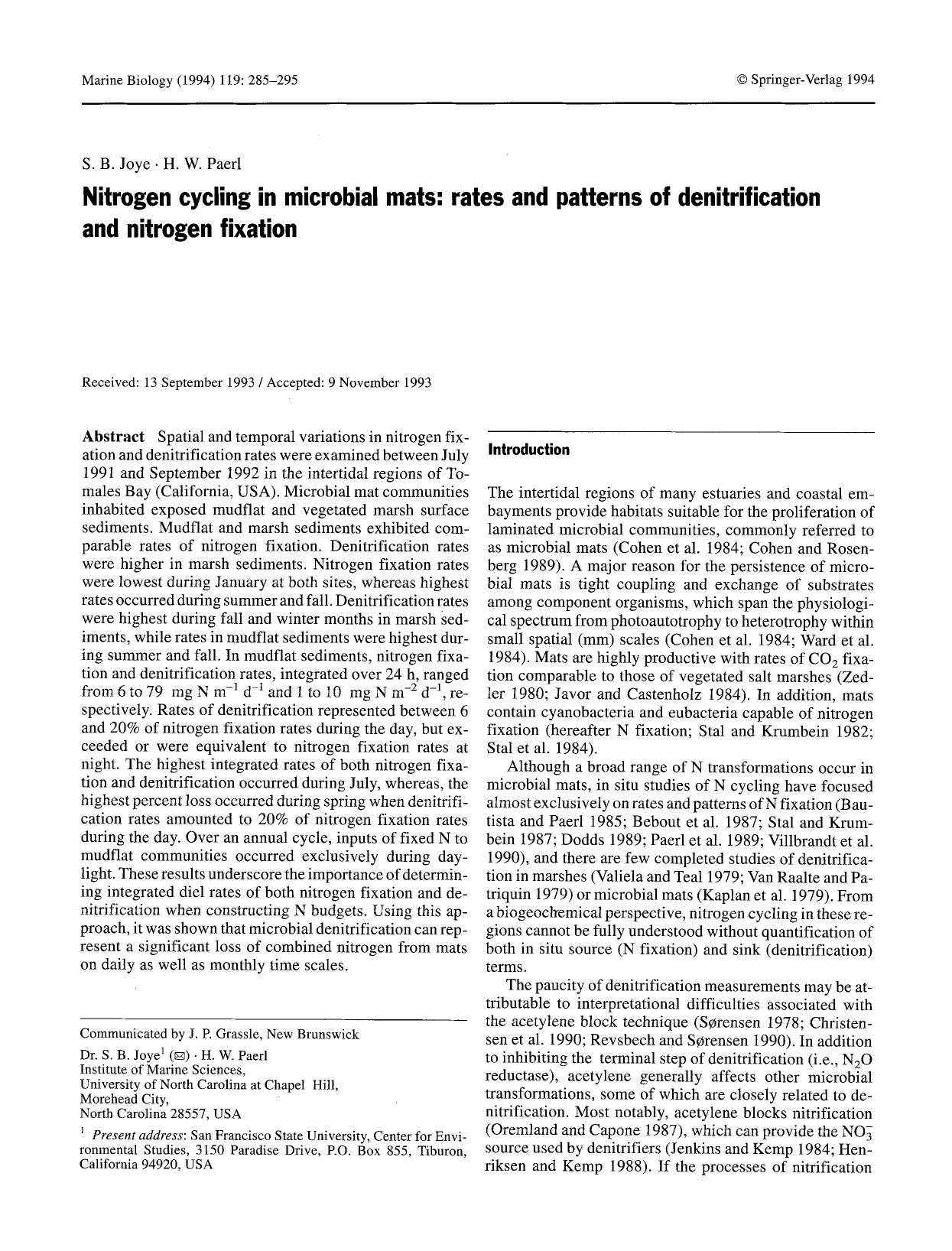 Nitrogen cycling in microbial mats: rates and patterns of denitrification and nitrogen fixation by Unknown