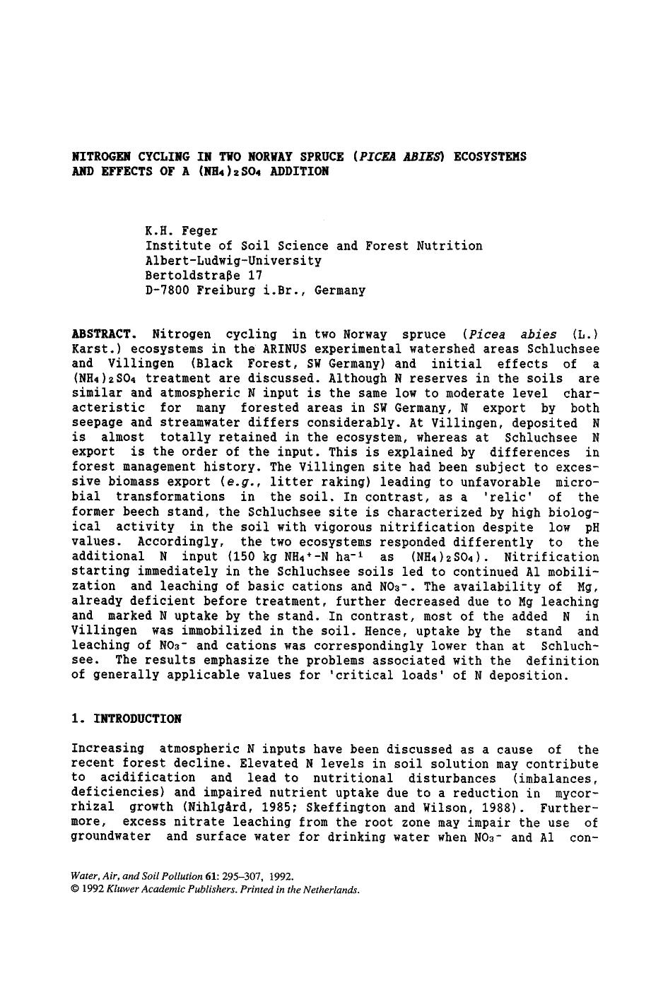 Nitrogen cycling in two Norway spruce (<Emphasis Type="Italic">Picea abies)<Emphasis> ecosystems and effects of a (NH<Subscript>4<Subscript>)<Subscript>2<Subscript>SO<Subscript>4<Subscript> addition by Unknown