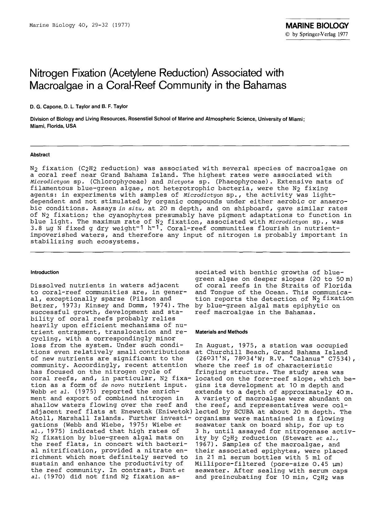 Nitrogen fixation (acetylene reduction) associated with macroalgae in a coral-reef community in the Bahamas by Unknown