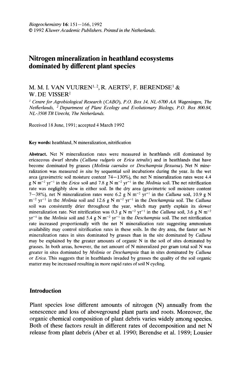 Nitrogen mineralization in heathland ecosystems dominated by different plant species by Unknown