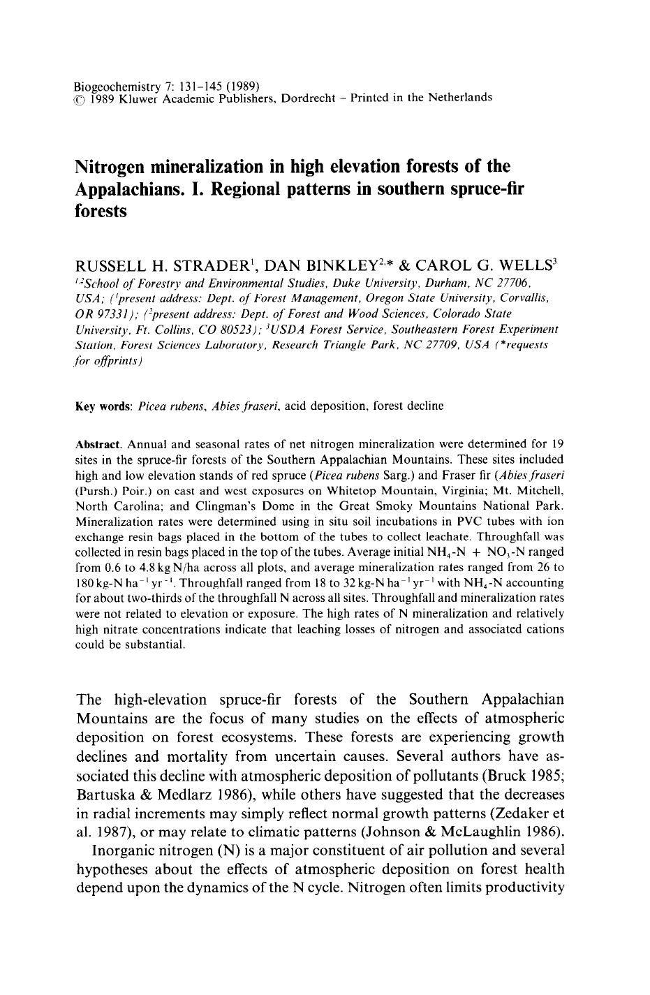 Nitrogen mineralization in high elevation forests of the Appalachians. I. Regional patterns in southern spruce-fir forests by Unknown