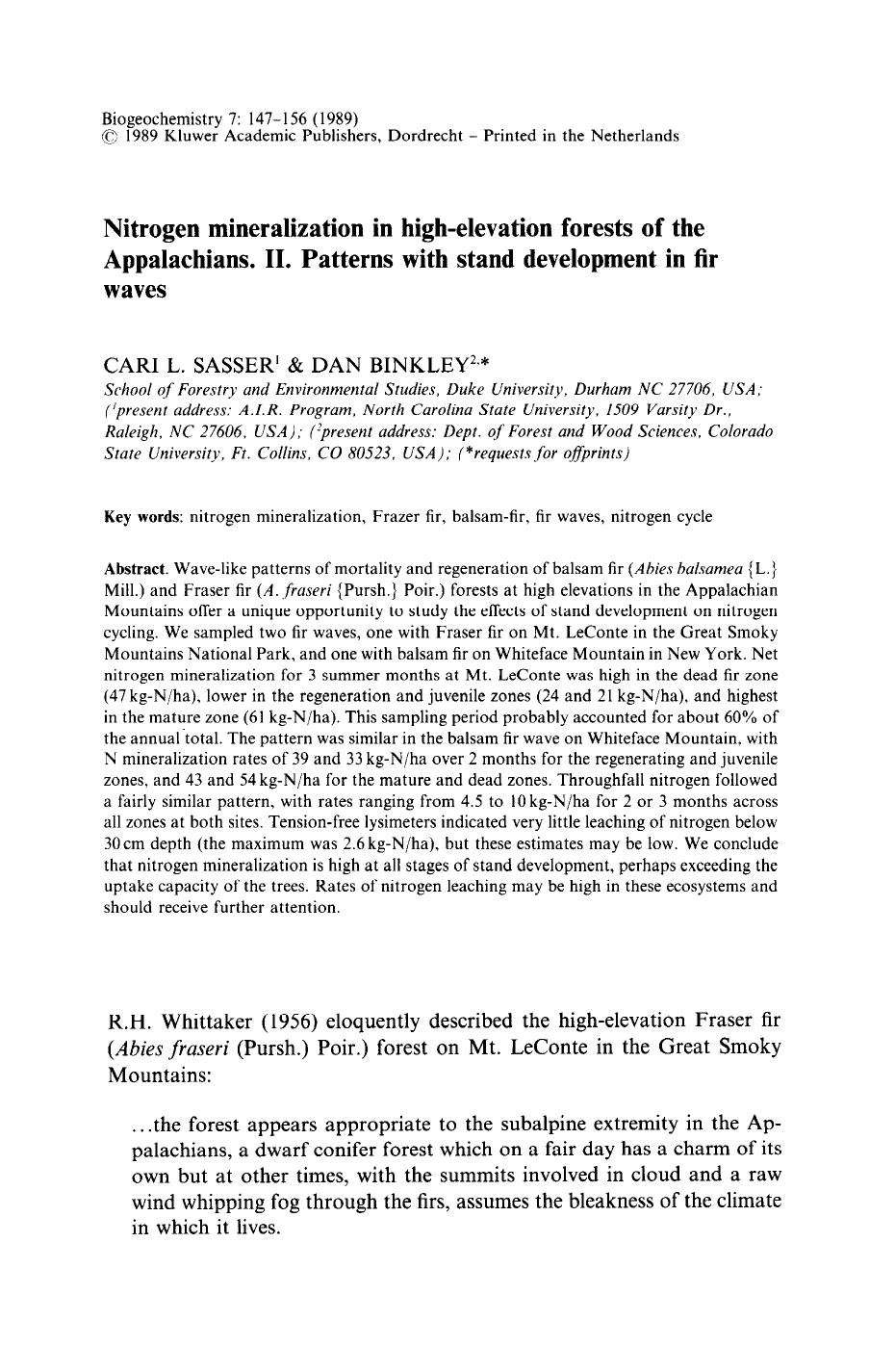Nitrogen mineralization in high-elevation forests of the appalachians. II. Patterns with stand development in fir waves by Unknown