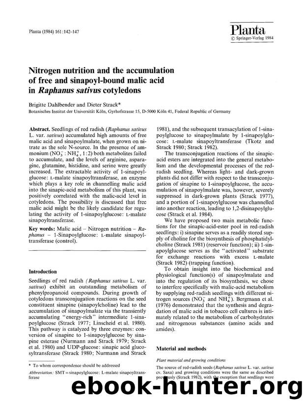 Nitrogen nutrition and the accumulation of free and sinapoyl-bound malic acid in <Emphasis Type="Italic">Raphanus sativus<Emphasis> cotyledons by Unknown