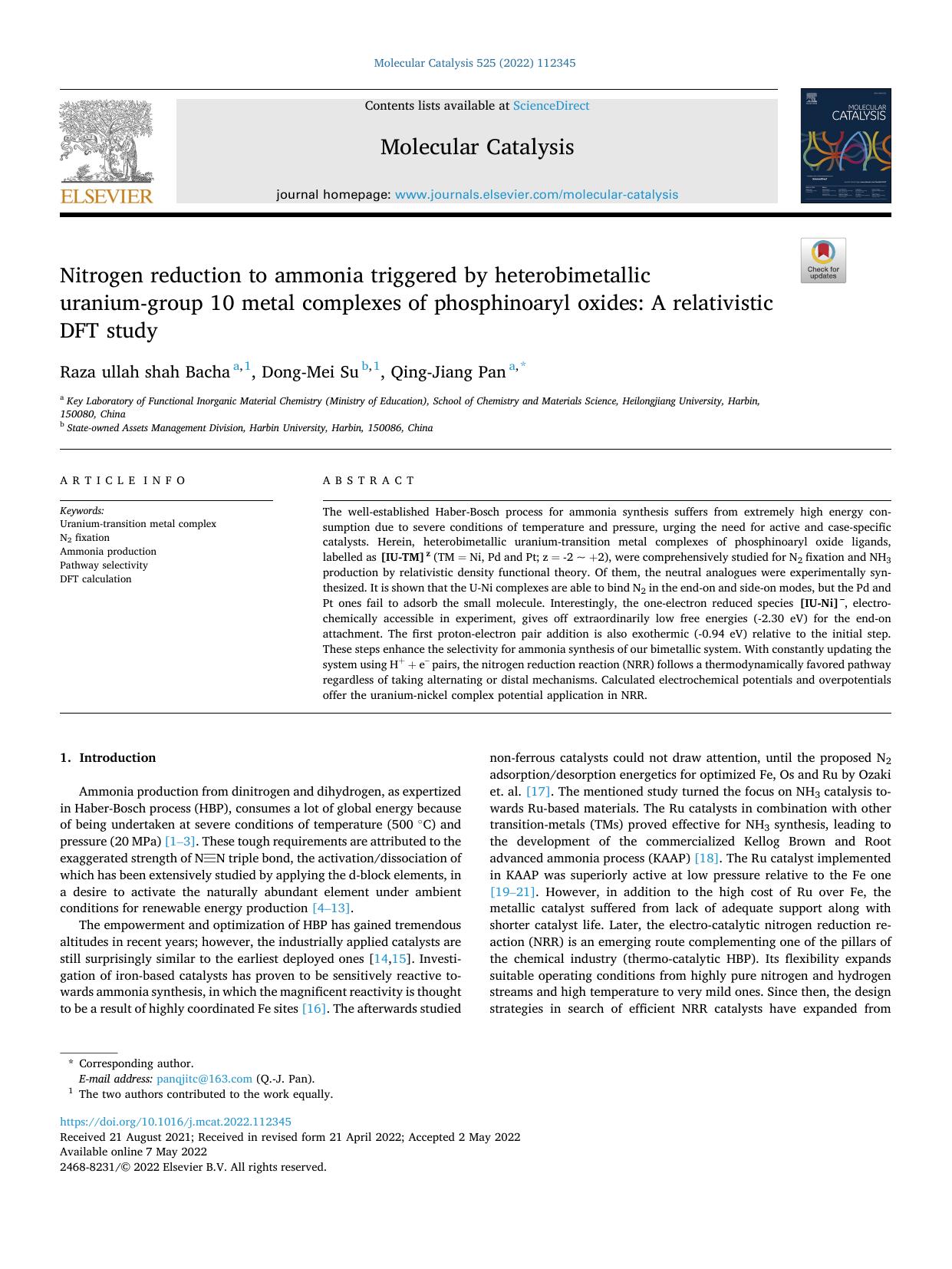 Nitrogen reduction to ammonia triggered by heterobimetallic uranium-group 10 metal complexes of phosphinoaryl oxides: A relativistic DFT study by Raza ullah shah Bacha & Dong-Mei Su & Qing-Jiang Pan