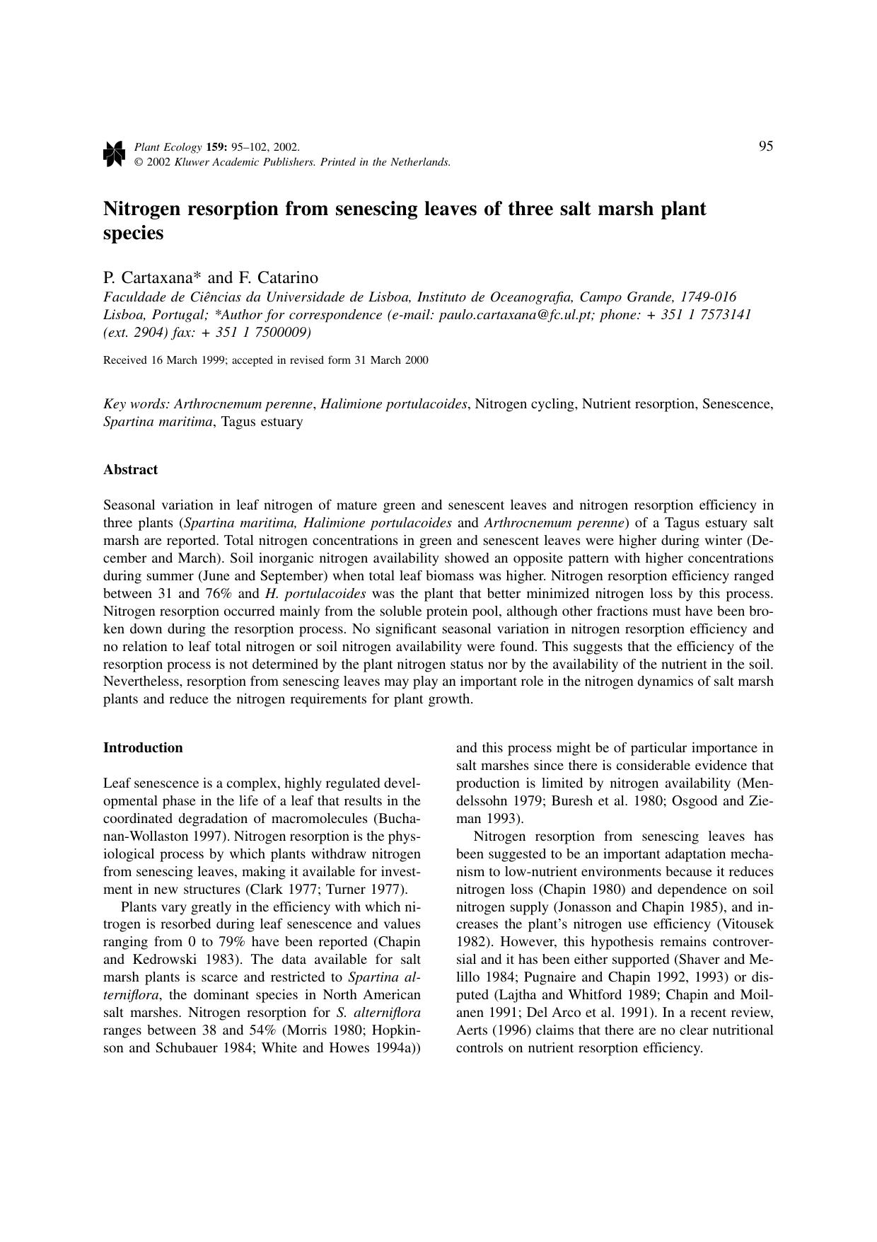 Nitrogen resorption from senescing leaves of three salt marsh plant species by Unknown
