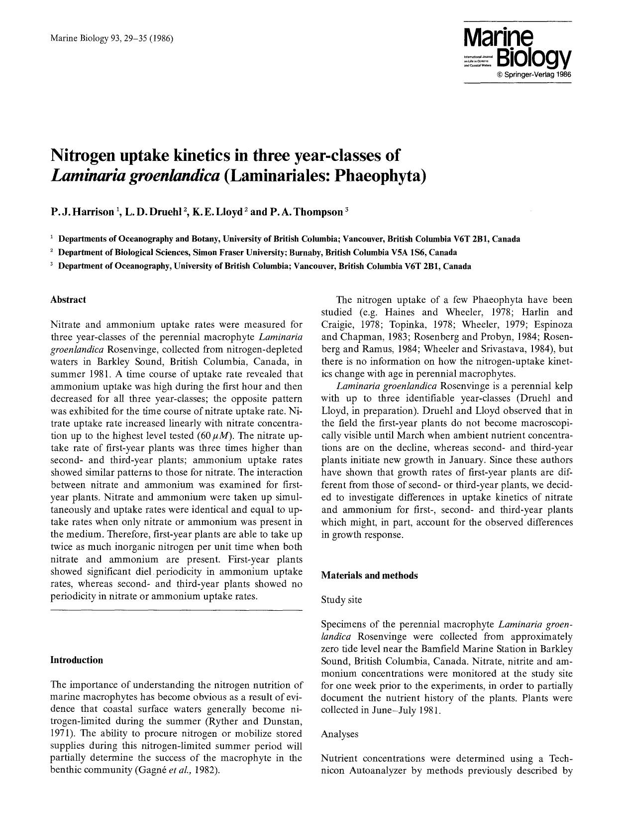 Nitrogen uptake kinetics in three year-classes of <Emphasis Type="Italic">Laminaria groenlandica<Emphasis> (Laminariales: Phaeophyta) by Unknown