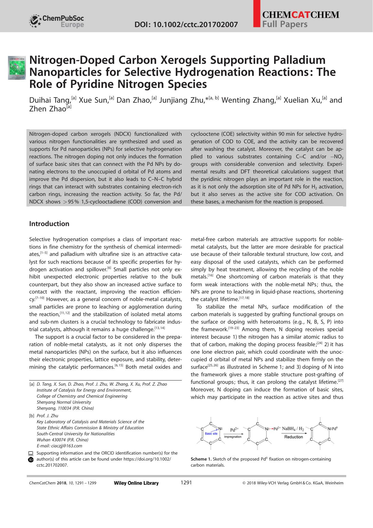 NitrogenâDoped Carbon Xerogels Supporting Palladium Nanoparticles for Selective Hydrogenation Reactions: The Role of Pyridine Nitrogen Species by Unknown