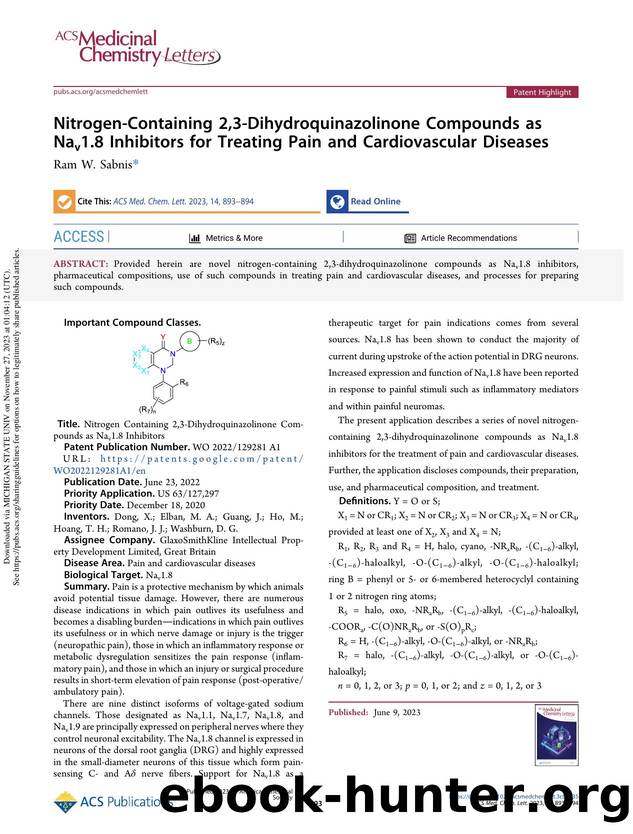 Nitrogen-Containing 2,3-Dihydroquinazolinone Compounds as Nav1.8 Inhibitors for Treating Pain and Cardiovascular Diseases by Ram W. Sabnis