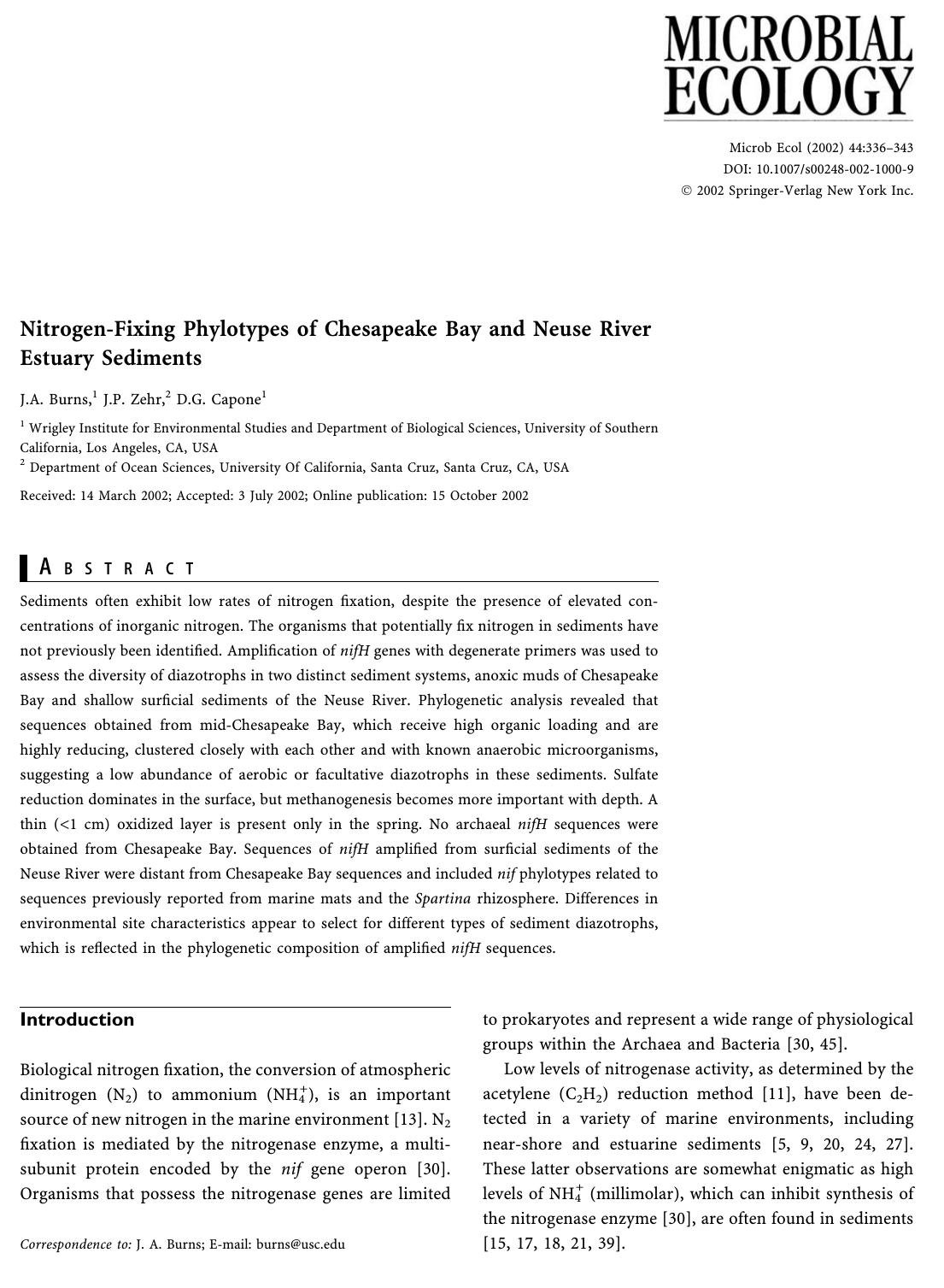 Nitrogen-Fixing Phylotypes of Chesapeake Bay and Neuse River Estuary Sediments by Burns J.A. et al