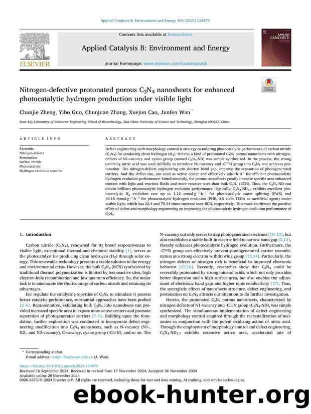 Nitrogen-defective protonated porous C3N4 nanosheets for enhanced photocatalytic hydrogen production under visible light by Chunjie Zheng & Yibo Guo & Chunjuan Zhang & Xuejun Cao & Junfen Wan
