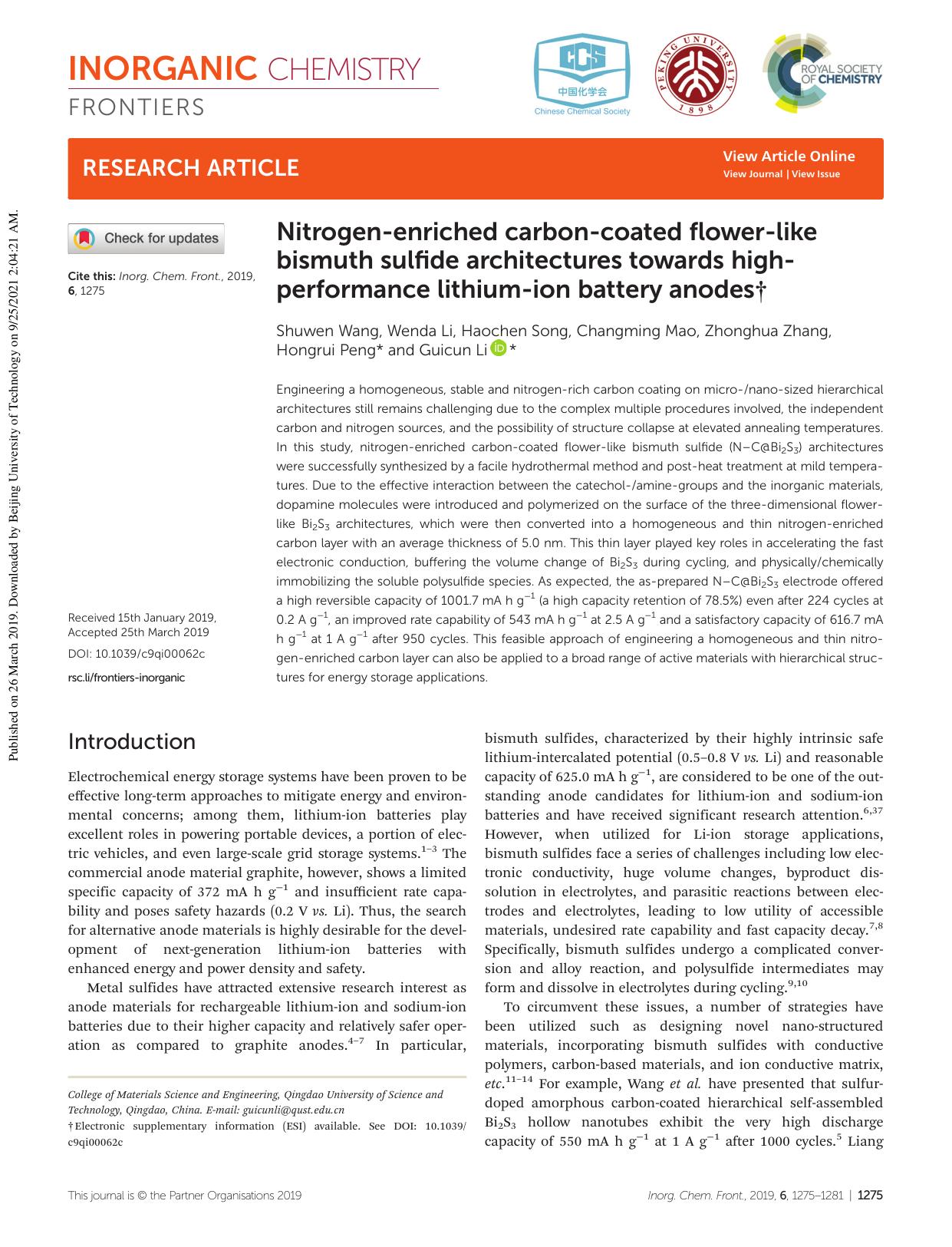 Nitrogen-enriched carbon-coated flower-like bismuth sulfide architectures towards high-performance lithium-ion battery anodes by Shuwen Wang Wenda Li Haochen Song Changming Mao Zhonghua Zhang Hongrui Peng Guicun Li