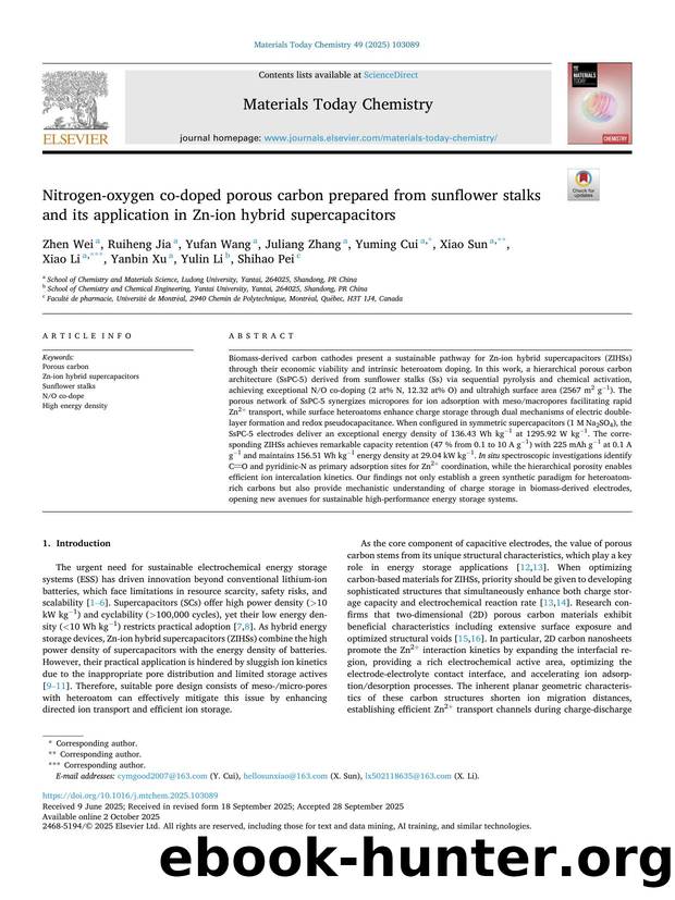 Nitrogen-oxygen co-doped porous carbon prepared from sunflower stalks and its application in Zn-ion hybrid supercapacitors by Zhen Wei