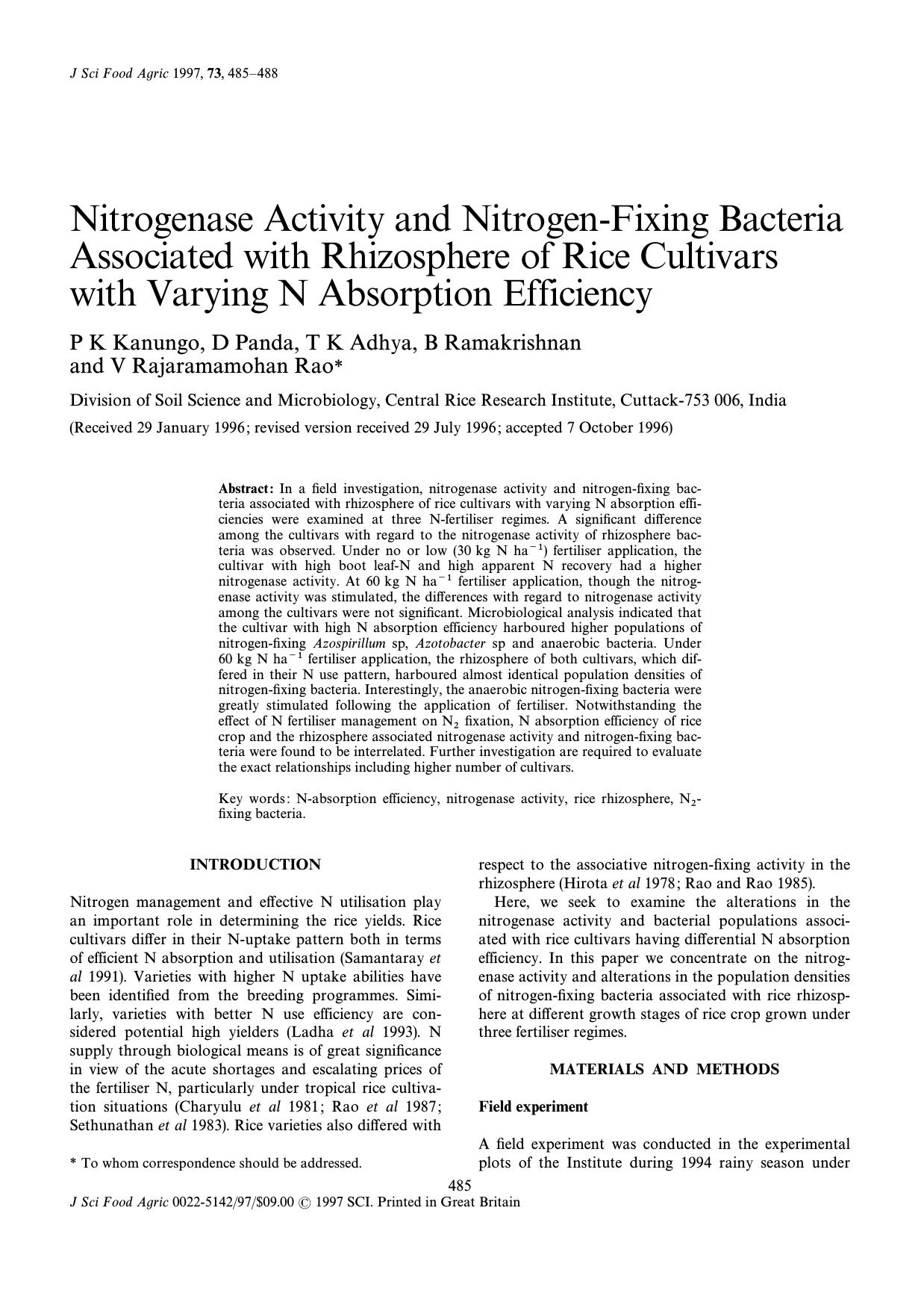 Nitrogenase Activity and Nitrogen-Fixing Bacteria Associated with Rhizosphere of Rice Cultivars with Varying N Absorption Efficiency by Unknown