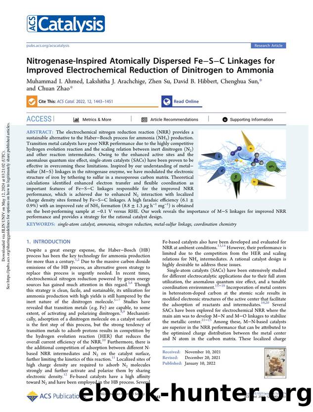 Nitrogenase-Inspired Atomically Dispersed FeâSâC Linkages for Improved Electrochemical Reduction of Dinitrogen to Ammonia by Muhammad I. Ahmed Lakshitha J. Arachchige Zhen Su David B. Hibbert Chenghua Sun & Chuan Zhao