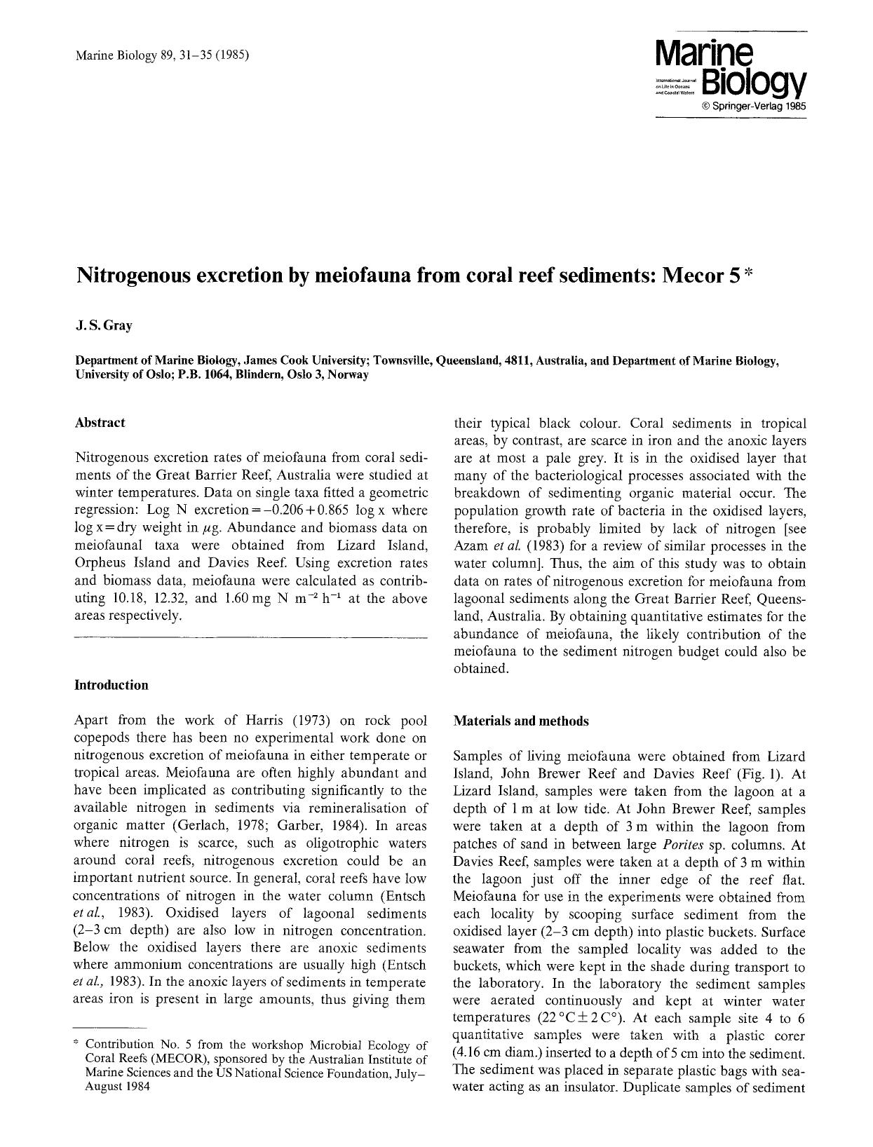 Nitrogenous excretion by meiofauna from coral reef sediments: Mecor 5 by Unknown