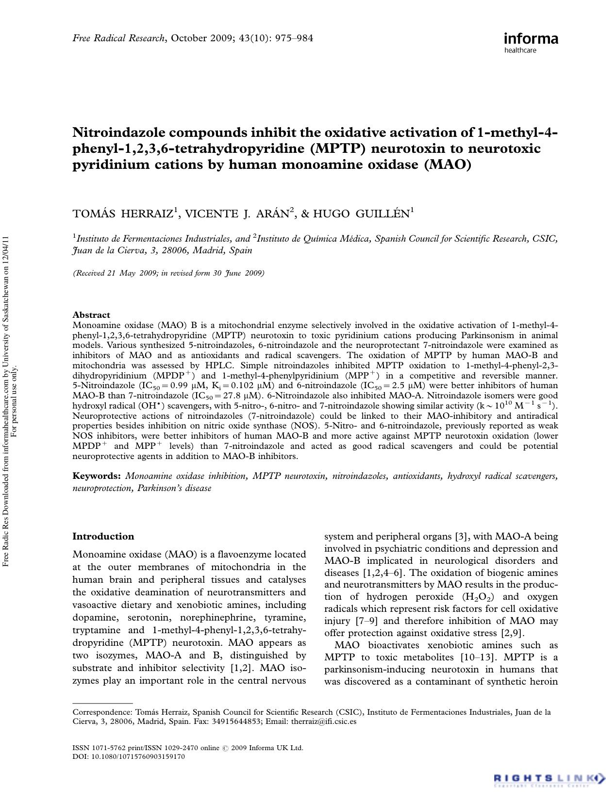 Nitroindazole compounds inhibit the oxidative activation of 1-methyl-4-phenyl-1,2,3,6-tetrahydropyridine (MPTP) neurotoxin to neurotoxic pyridinium cations by human monoamine oxidase (MAO) by Tomás Herraiz1* Vicente J. Arán2 Hugo Guillén1