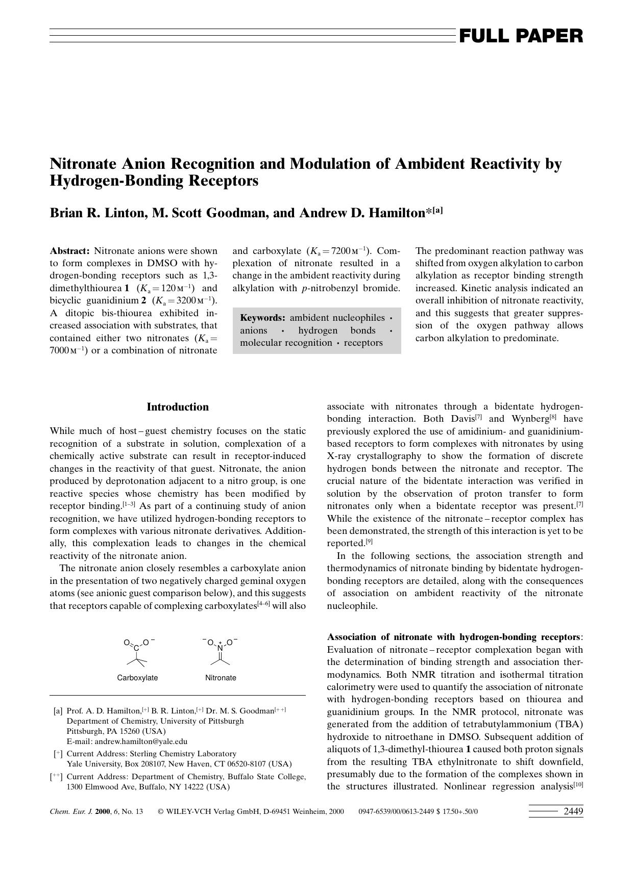 Nitronate Anion Recognition and Modulation of Ambident Reactivity by Hydrogen-Bonding Receptors by Unknown