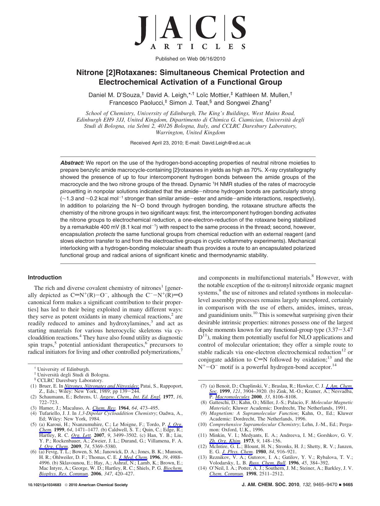 Nitrone [2]Rotaxanes: Simultaneous Chemical Protection and Electrochemical Activation of a Functional Group by Unknown