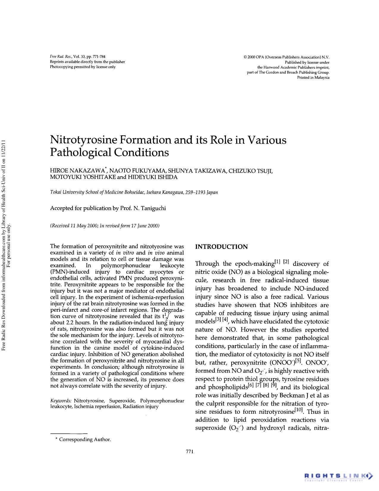 Nitrotyrosine formation and its role in various pathological conditions by Hiroe Nakazawa Naoto Fukuyama Shunya Takizawa Chizuko Tsuji Motoyuki Yoshitake & Hideyuki Ishida