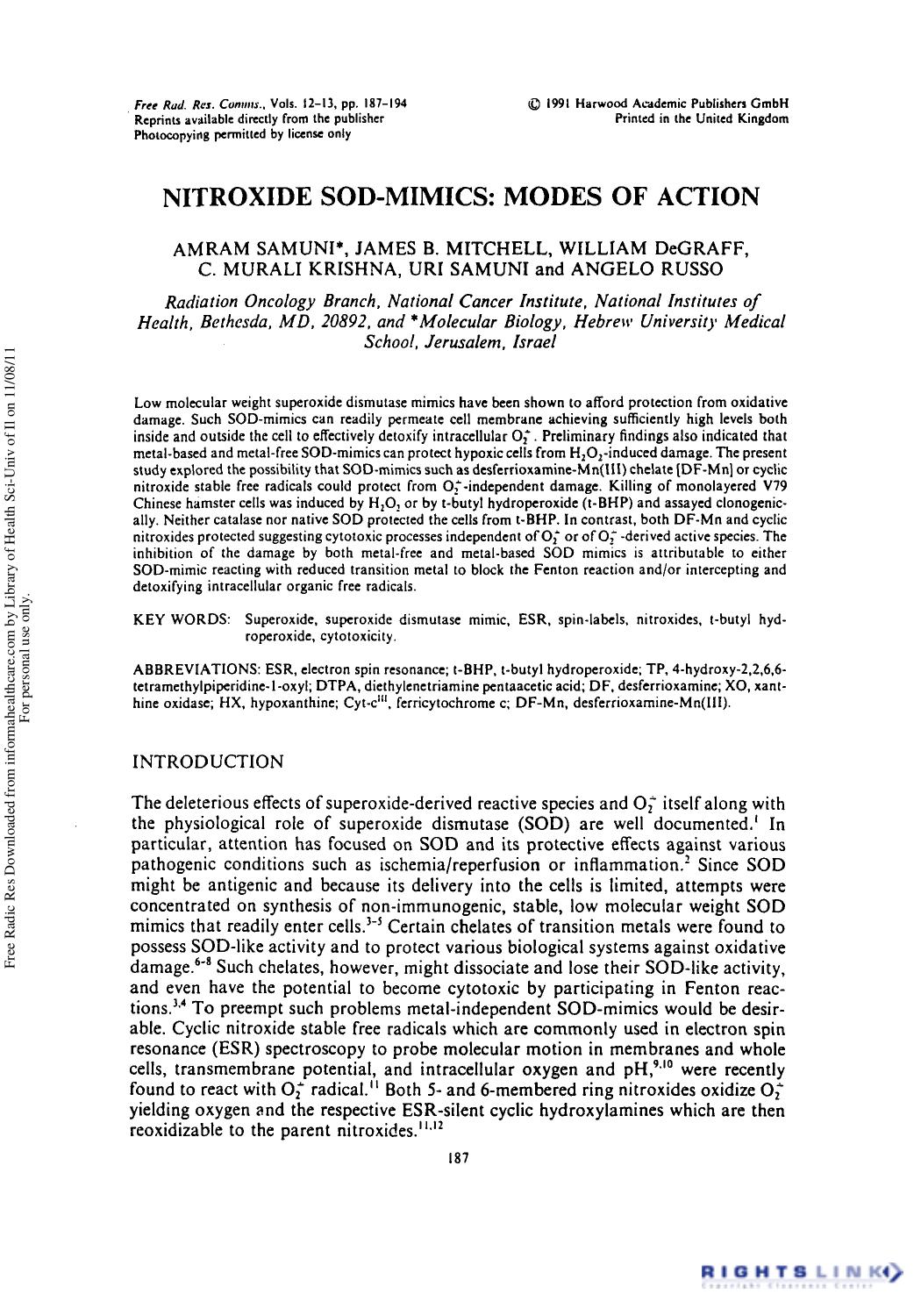 Nitroxide Sod-Mimics: Modes of Action by unknow