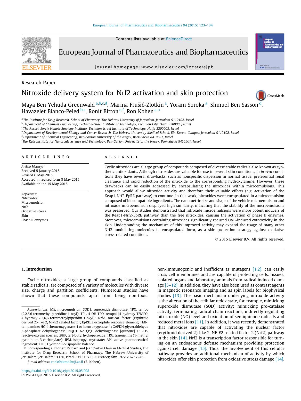 Nitroxide delivery system for Nrf2 activation and skin protection by unknow
